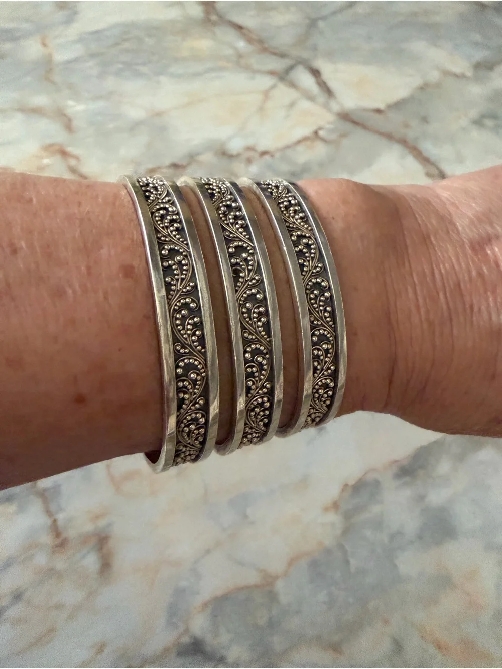 Lois Hill Silver Granulated Scroll Cuff Bracelet - 925 Silver